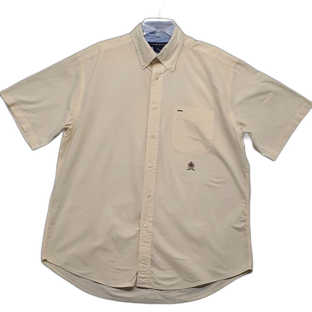 Tommy Hilfiger Men Sz L Crest Short Sleeve Button Up Yellow Checkered Shirt
